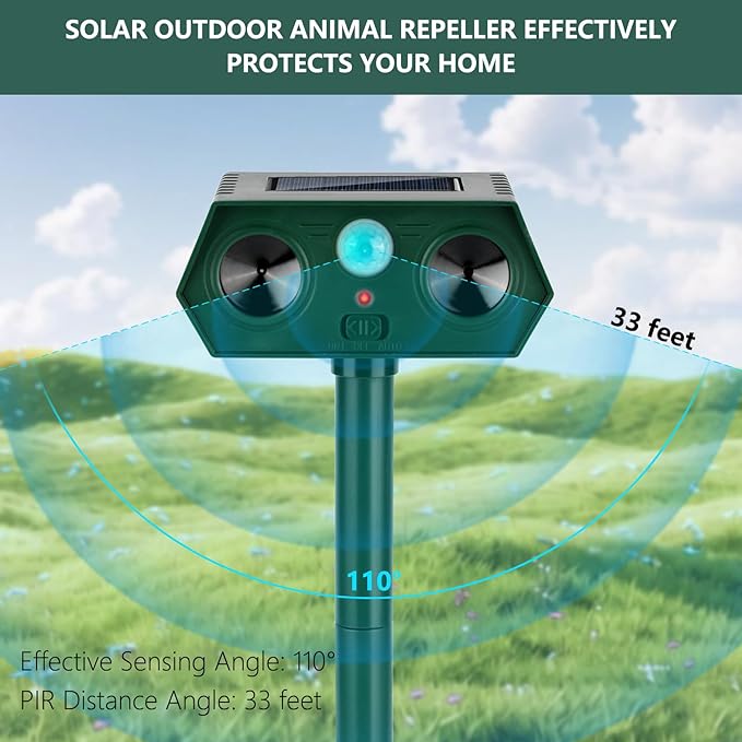 Ultrasonic Animal Repellent Outdoor Deer Repellent Devices Solar Animal Repeller Motion Activated Deterrent to Scare Cat Squirrel Rabbit Raccoon Skunk