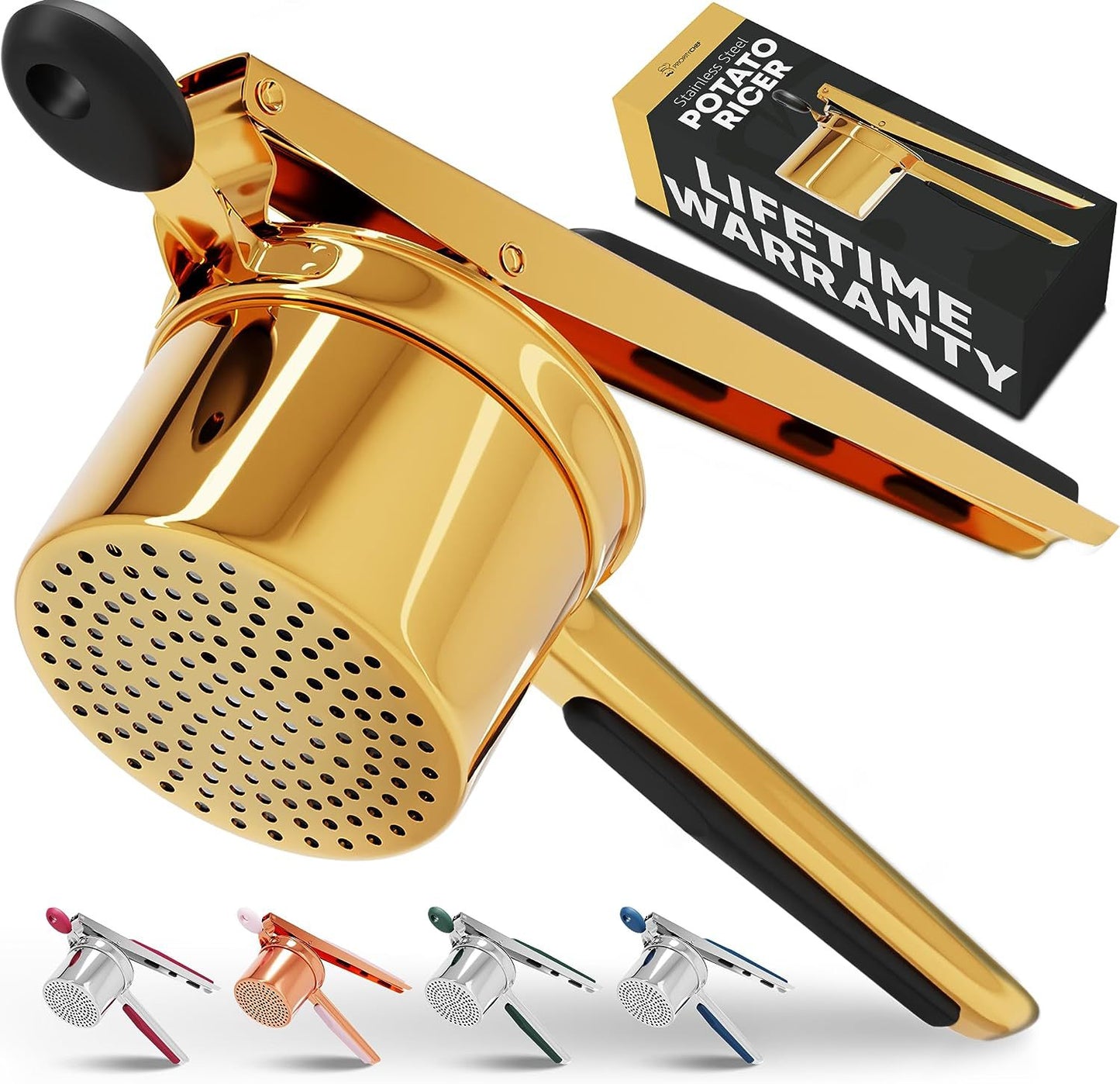 Large 15oz Potato Ricer, Heavy Duty Stainless Steel Potato Masher and Ricer Kitchen Tool, Press and Mash Kitchen Gadget For Perfect Mashed Potatoes - Everytime, Rose Gold and Black
