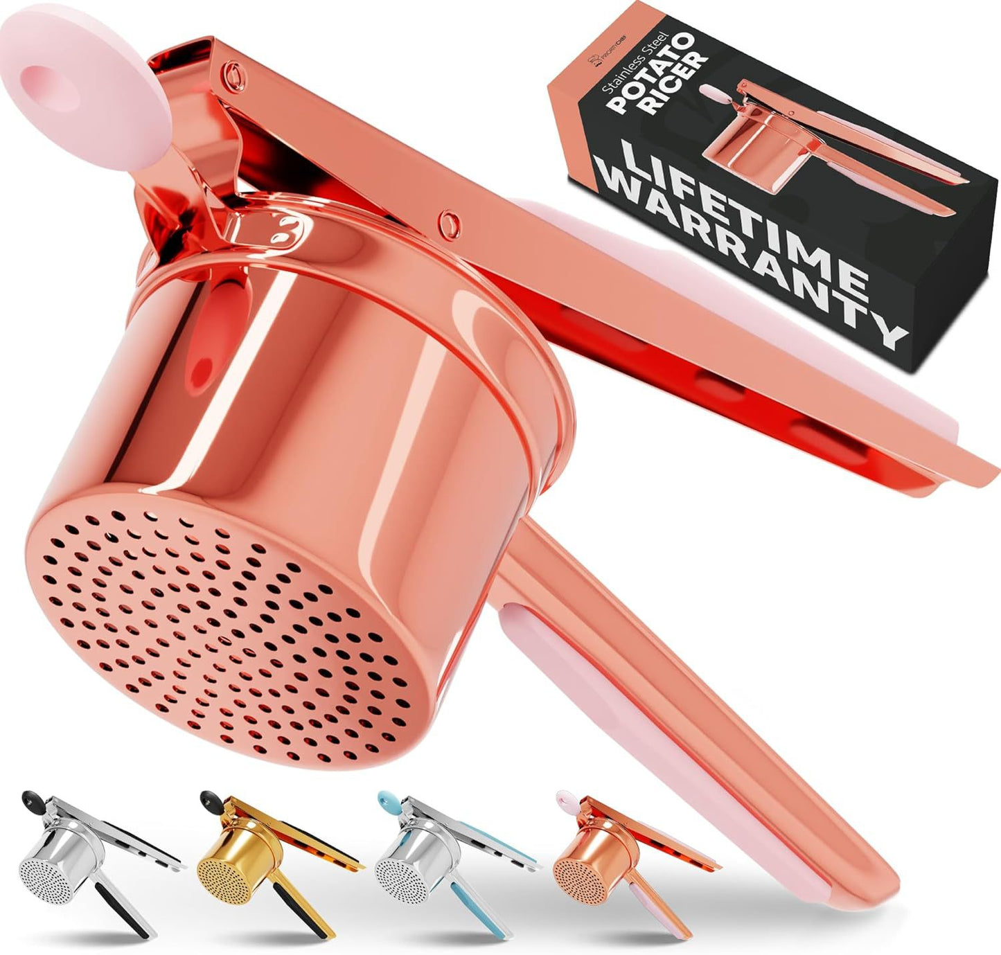 Large 15oz Potato Ricer, Heavy Duty Stainless Steel Potato Masher and Ricer Kitchen Tool, Press and Mash Kitchen Gadget For Perfect Mashed Potatoes - Everytime, Rose Gold and Black