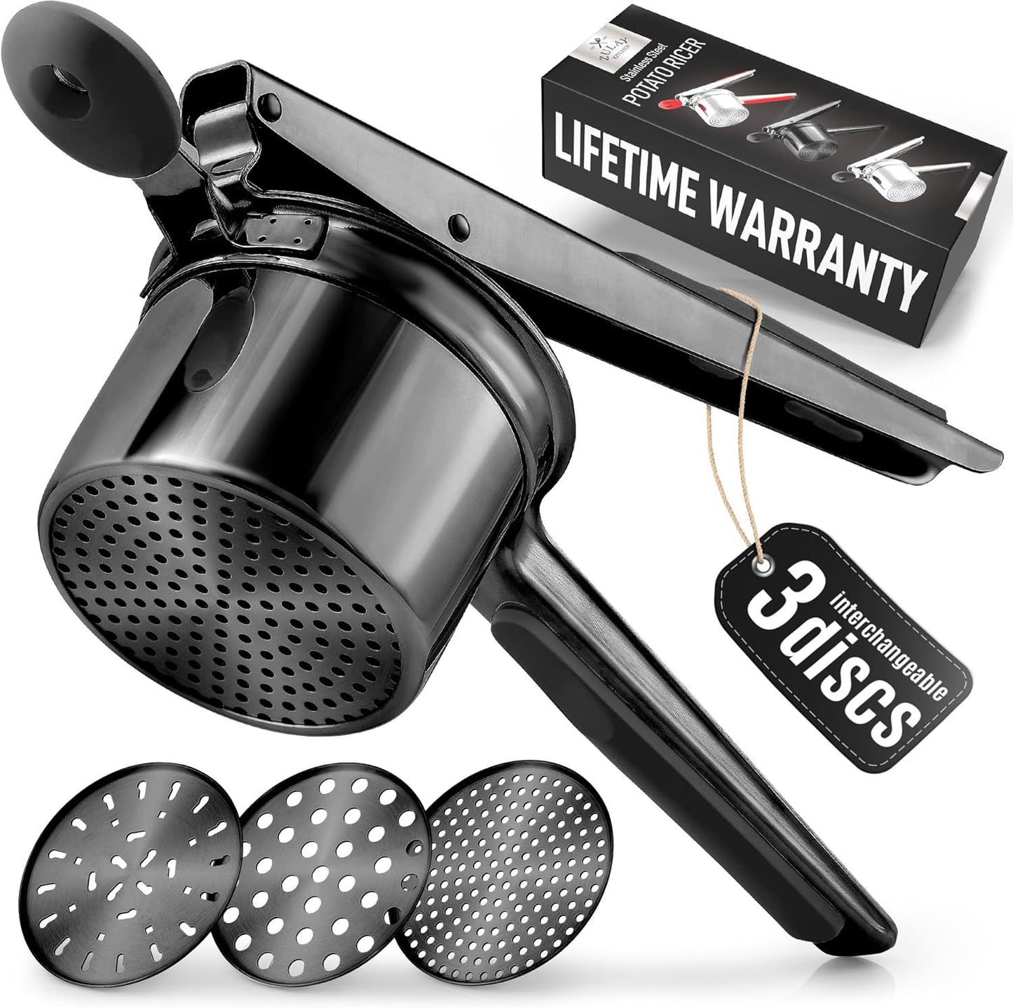 Large 15oz Potato Ricer, Heavy Duty Stainless Steel Potato Masher and Ricer Kitchen Tool, Press and Mash Kitchen Gadget For Perfect Mashed Potatoes - Everytime, Rose Gold and Black