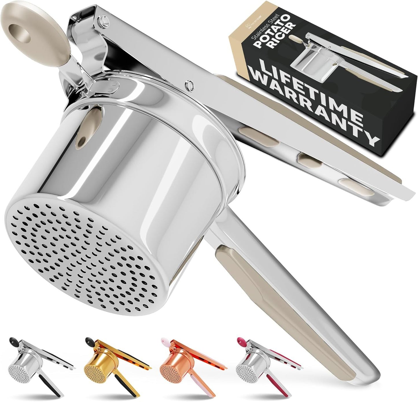 Large 15oz Potato Ricer, Heavy Duty Stainless Steel Potato Masher and Ricer Kitchen Tool, Press and Mash Kitchen Gadget For Perfect Mashed Potatoes - Everytime, Rose Gold and Black