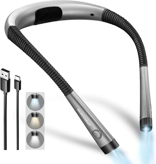 Book Light, 3-Color & 6-Brightness Reading Light, Bendable Neck Light, 80-hr Lasting Rechargeable Lamp, Perfect Book Light for Reading in Bed, Knitting, Camping, Repairing, Book Lovers Gifts