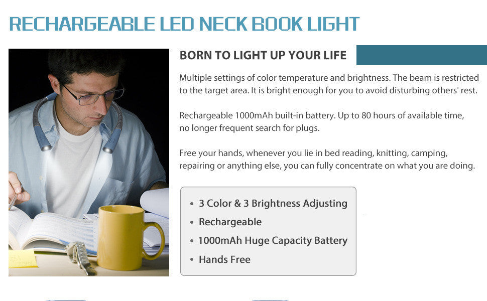 Book Light, 3-Color & 6-Brightness Reading Light, Bendable Neck Light, 80-hr Lasting Rechargeable Lamp, Perfect Book Light for Reading in Bed, Knitting, Camping, Repairing, Book Lovers Gifts