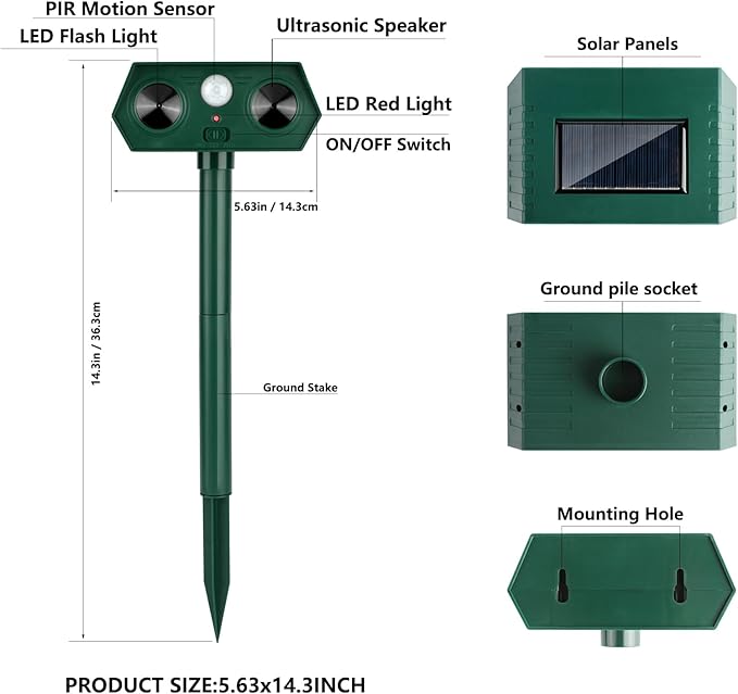 Ultrasonic Animal Repellent Outdoor Deer Repellent Devices Solar Animal Repeller Motion Activated Deterrent to Scare Cat Squirrel Rabbit Raccoon Skunk