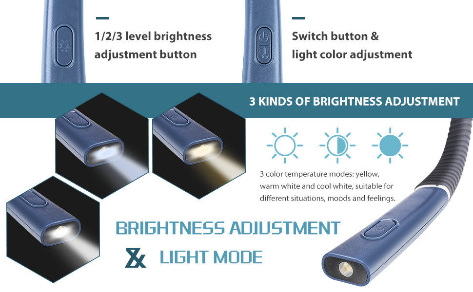 Book Light, 3-Color & 6-Brightness Reading Light, Bendable Neck Light, 80-hr Lasting Rechargeable Lamp, Perfect Book Light for Reading in Bed, Knitting, Camping, Repairing, Book Lovers Gifts