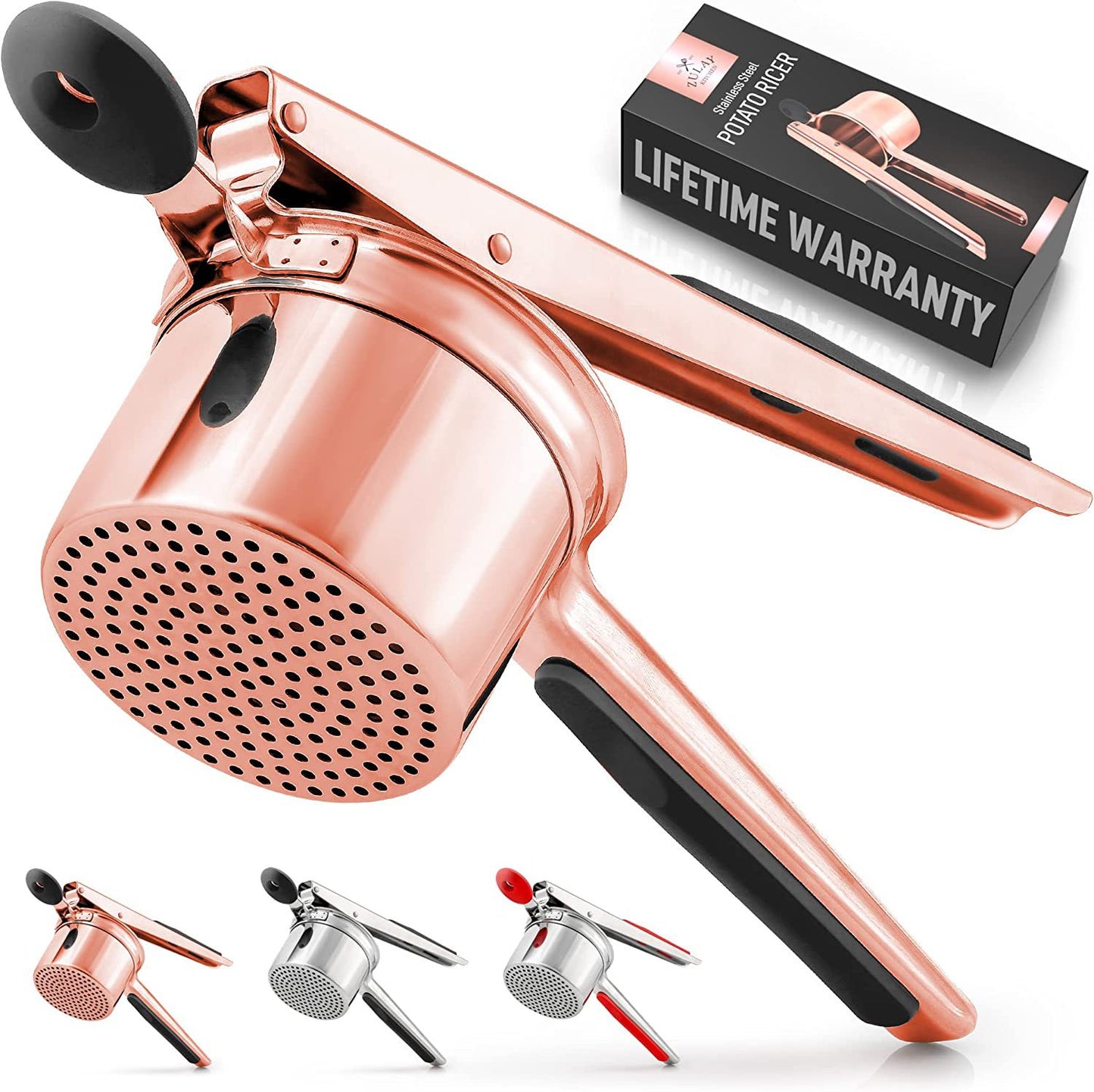 Large 15oz Potato Ricer, Heavy Duty Stainless Steel Potato Masher and Ricer Kitchen Tool, Press and Mash Kitchen Gadget For Perfect Mashed Potatoes - Everytime, Rose Gold and Black