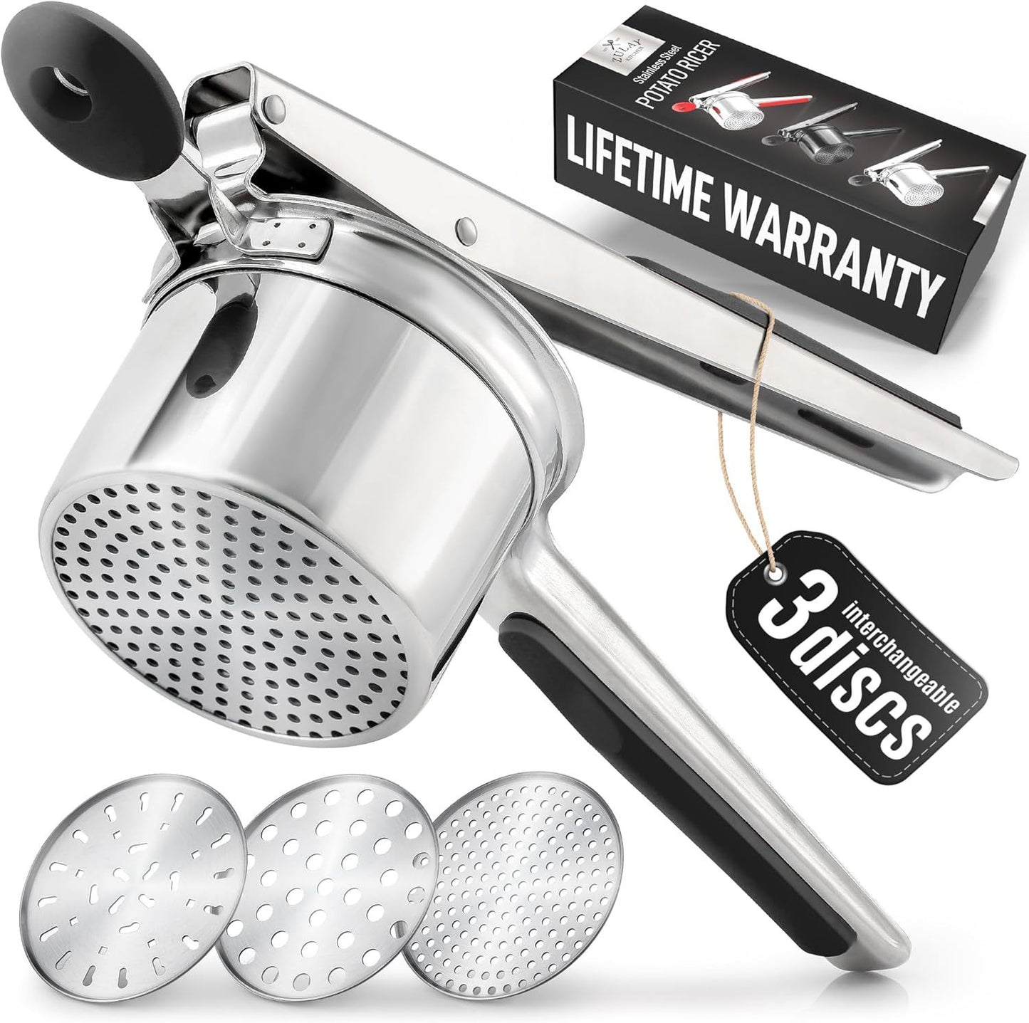 Large 15oz Potato Ricer, Heavy Duty Stainless Steel Potato Masher and Ricer Kitchen Tool, Press and Mash Kitchen Gadget For Perfect Mashed Potatoes - Everytime, Rose Gold and Black